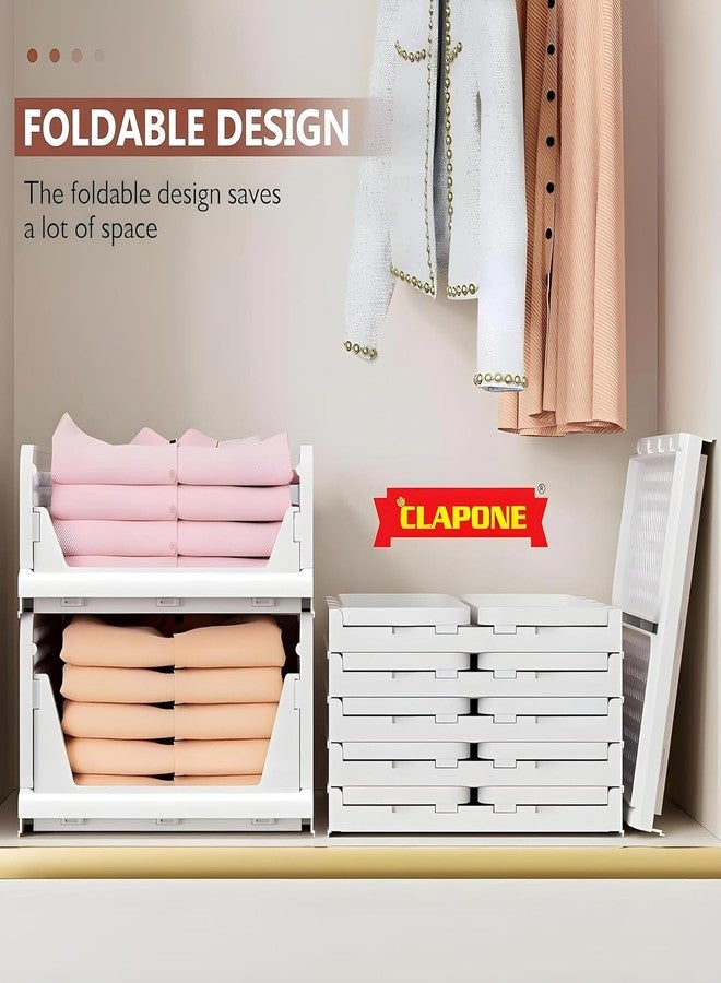 CLAPONE منظم خزانة ملابس قابل للتكديس من CLAPONE مكون من 12 قطعة للتخزين / منظم خزانة ملابس قابل للطي / منظم خزانة ملابس بلاستيكي قابل للتكديس / درج منزلق قابل للتعديل / منظم تخزين قمصان قابل للطي (أبيض) - Image 5